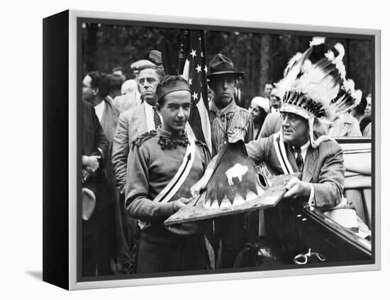 President Franklin Roosevelt in a War Bonnet-null-Framed Stretched Canvas