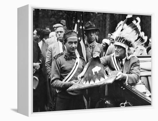 President Franklin Roosevelt in a War Bonnet-null-Framed Stretched Canvas