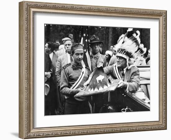 President Franklin Roosevelt in a War Bonnet-null-Framed Photo