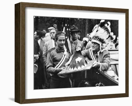 President Franklin Roosevelt in a War Bonnet-null-Framed Photo