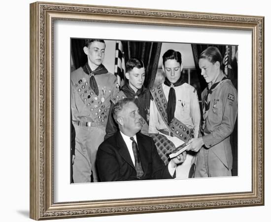 President Franklin Roosevelt Receives the Five-Millionth Copy of the Boy Scout Handbook-null-Framed Photo