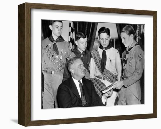 President Franklin Roosevelt Receives the Five-Millionth Copy of the Boy Scout Handbook-null-Framed Photo