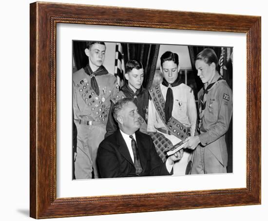 President Franklin Roosevelt Receives the Five-Millionth Copy of the Boy Scout Handbook-null-Framed Photo