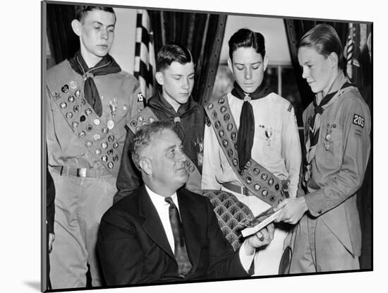 President Franklin Roosevelt Receives the Five-Millionth Copy of the Boy Scout Handbook-null-Mounted Photo