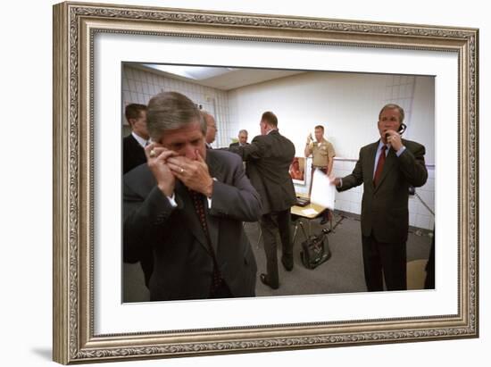 President George W. Bush and Senior Staff on Phones after Learning of the 9-11 Terrorist Attacks-null-Framed Premium Photographic Print