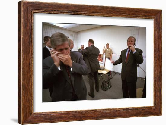 President George W. Bush and Senior Staff on Phones after Learning of the 9-11 Terrorist Attacks-null-Framed Premium Photographic Print