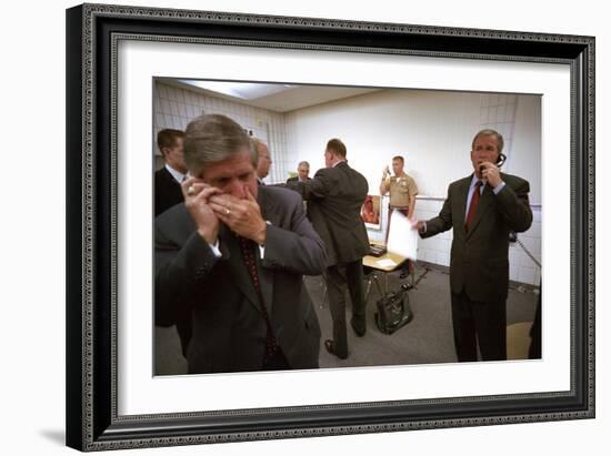President George W. Bush and Senior Staff on Phones after Learning of the 9-11 Terrorist Attacks-null-Framed Premium Photographic Print