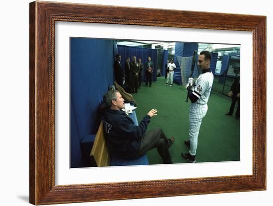 President George W. Bush Derek Jeter before the First Pitch in Game 3 of the World Series-null-Framed Premium Photographic Print