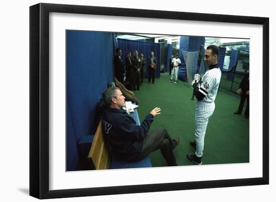 President George W. Bush Derek Jeter before the First Pitch in Game 3 of the World Series-null-Framed Premium Photographic Print