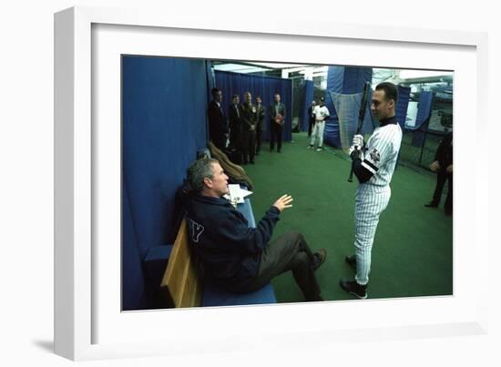 President George W. Bush Derek Jeter before the First Pitch in Game 3 of the World Series-null-Framed Premium Photographic Print