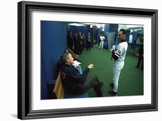 President George W. Bush Derek Jeter before the First Pitch in Game 3 of the World Series-null-Framed Premium Photographic Print