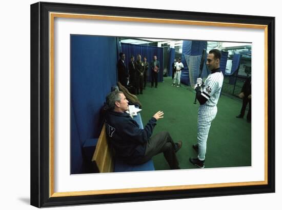 President George W. Bush Derek Jeter before the First Pitch in Game 3 of the World Series-null-Framed Premium Photographic Print