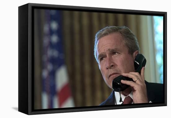 President George W. Bush on Telephone to Ny Gov. George Pataki and Nyc Mayor, Rudolph Giuliani-null-Framed Stretched Canvas