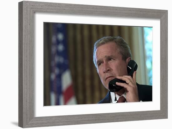 President George W. Bush on Telephone to Ny Gov. George Pataki and Nyc Mayor, Rudolph Giuliani-null-Framed Premium Photographic Print