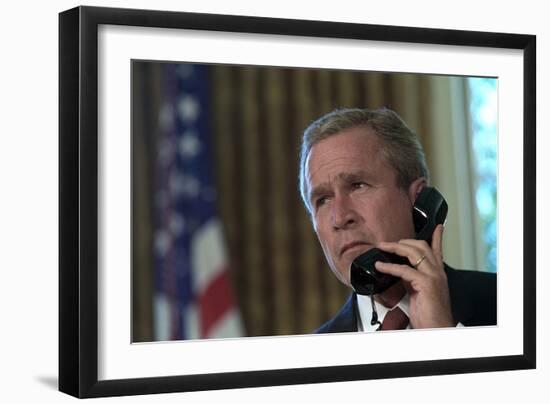 President George W. Bush on Telephone to Ny Gov. George Pataki and Nyc Mayor, Rudolph Giuliani-null-Framed Premium Photographic Print