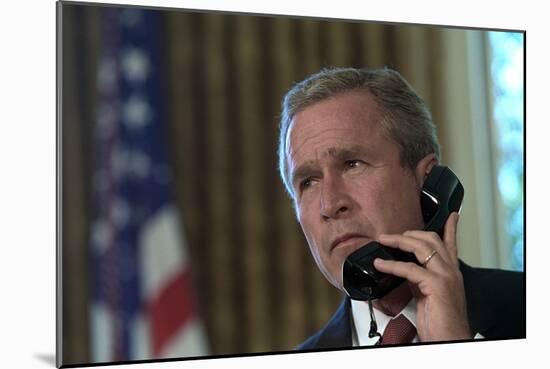 President George W. Bush on Telephone to Ny Gov. George Pataki and Nyc Mayor, Rudolph Giuliani-null-Mounted Premium Photographic Print