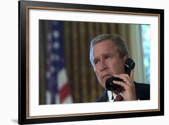 President George W. Bush on Telephone to Ny Gov. George Pataki and Nyc Mayor, Rudolph Giuliani-null-Framed Photo