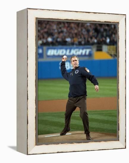 President George W. Bush Throws the Ceremonial First Pitch at Yankee Stadium-null-Framed Stretched Canvas