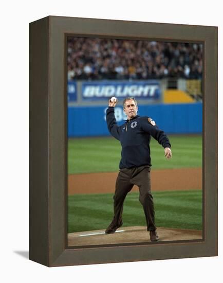 President George W. Bush Throws the Ceremonial First Pitch at Yankee Stadium-null-Framed Stretched Canvas