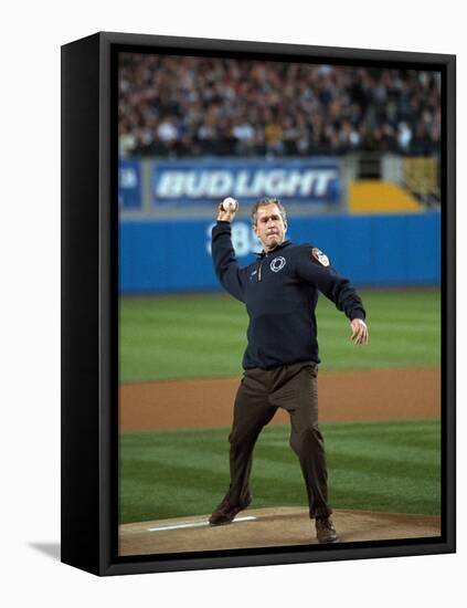 President George W. Bush Throws the Ceremonial First Pitch at Yankee Stadium-null-Framed Stretched Canvas
