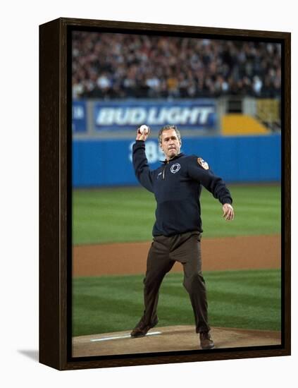 President George W. Bush Throws the Ceremonial First Pitch at Yankee Stadium-null-Framed Stretched Canvas