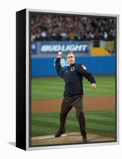 President George W. Bush Throws the Ceremonial First Pitch at Yankee Stadium-null-Framed Stretched Canvas