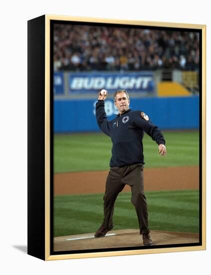 President George W. Bush Throws the Ceremonial First Pitch at Yankee Stadium-null-Framed Stretched Canvas