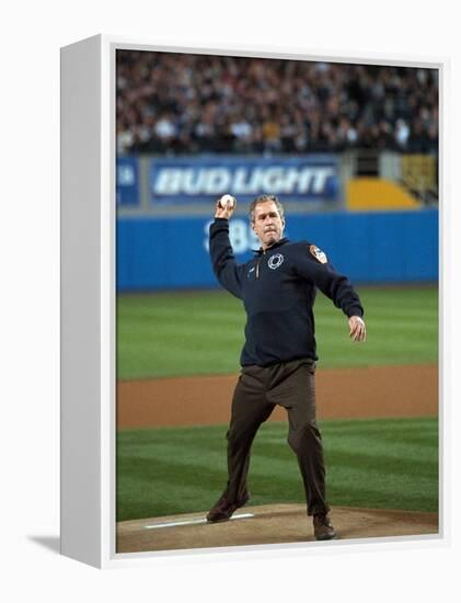 President George W. Bush Throws the Ceremonial First Pitch at Yankee Stadium-null-Framed Stretched Canvas