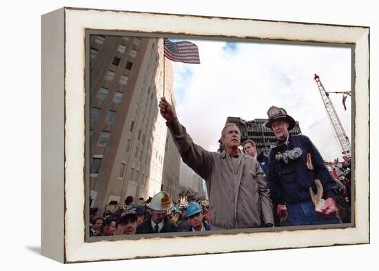 President George W. Bush Waves an American Flag after Addressing Recovery Workers in Nyc-null-Framed Stretched Canvas