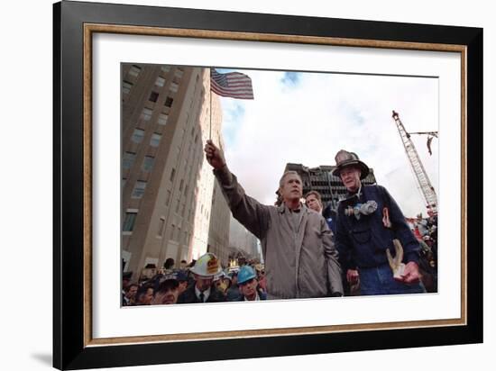 President George W. Bush Waves an American Flag after Addressing Recovery Workers in Nyc-null-Framed Premium Photographic Print