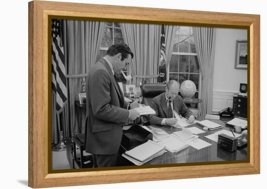 President Gerald Ford Meeting with His Chief of Staff, Donald Rumsfeld. Feb. 6, 1975-null-Framed Stretched Canvas
