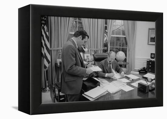 President Gerald Ford Meeting with His Chief of Staff, Donald Rumsfeld. Feb. 6, 1975-null-Framed Stretched Canvas