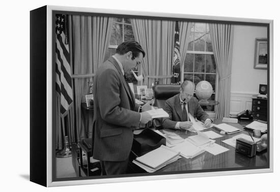 President Gerald Ford Meeting with His Chief of Staff, Donald Rumsfeld. Feb. 6, 1975-null-Framed Stretched Canvas