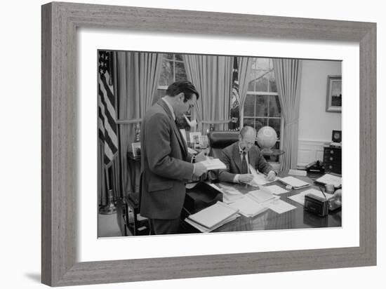 President Gerald Ford Meeting with His Chief of Staff, Donald Rumsfeld. Feb. 6, 1975-null-Framed Premium Photographic Print