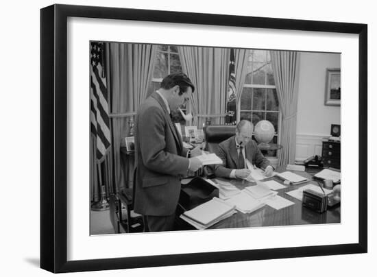 President Gerald Ford Meeting with His Chief of Staff, Donald Rumsfeld. Feb. 6, 1975-null-Framed Premium Photographic Print