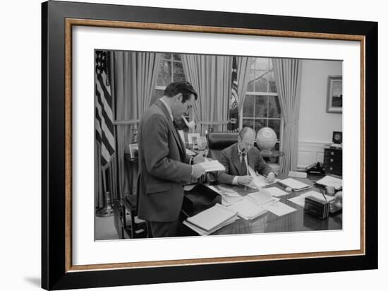 President Gerald Ford Meeting with His Chief of Staff, Donald Rumsfeld. Feb. 6, 1975-null-Framed Premium Photographic Print