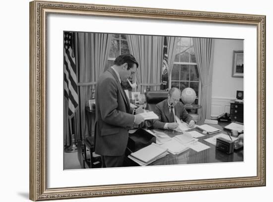 President Gerald Ford Meeting with His Chief of Staff, Donald Rumsfeld. Feb. 6, 1975-null-Framed Photo