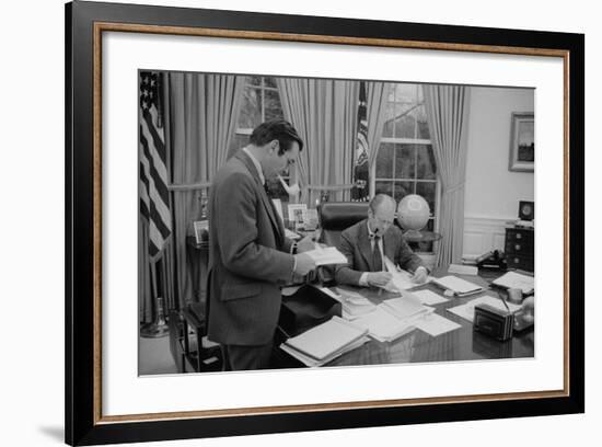 President Gerald Ford Meeting with His Chief of Staff, Donald Rumsfeld. Feb. 6, 1975-null-Framed Photo