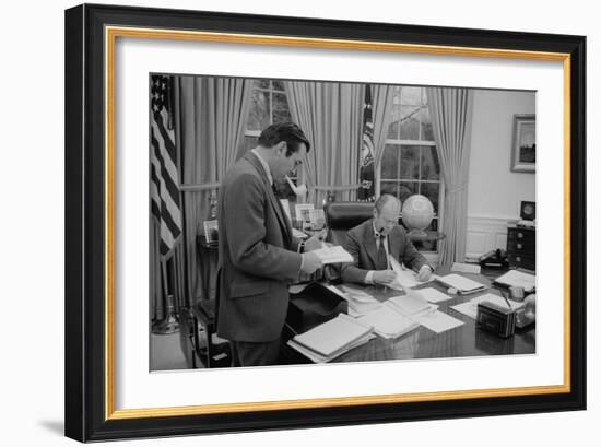 President Gerald Ford Meeting with His Chief of Staff, Donald Rumsfeld. Feb. 6, 1975-null-Framed Photo