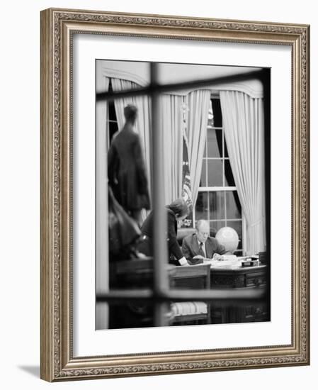 President Gerald Ford Working at His Desk, Washington, D.C., 1975-Marion S^ Trikosko-Framed Photo