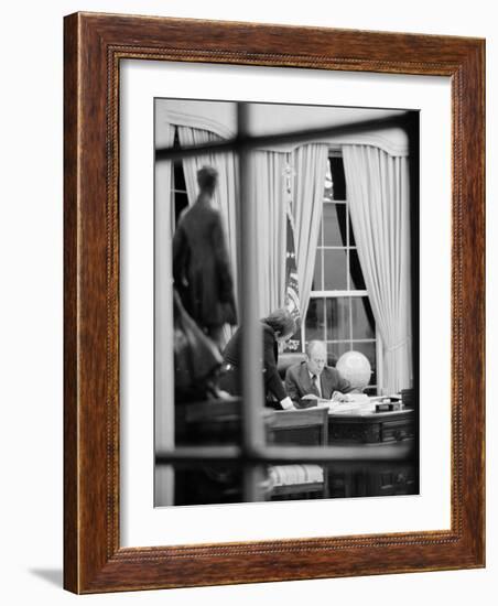 President Gerald Ford Working at His Desk, Washington, D.C., 1975-Marion S^ Trikosko-Framed Photo