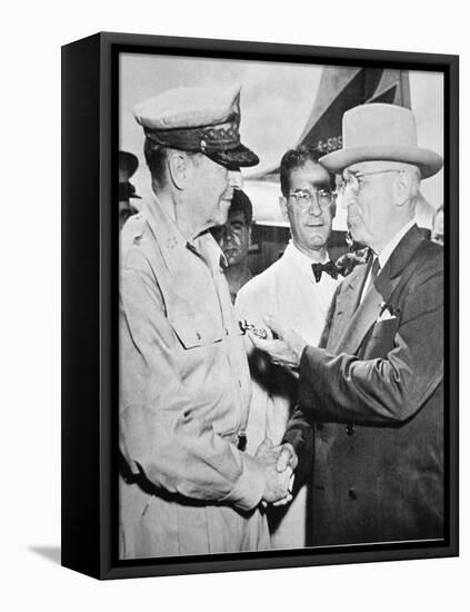 President Harry S. Truman (1884-1972) Meeting General Douglas Macarthur (1880-1964)-American Photographer-Framed Premier Image Canvas