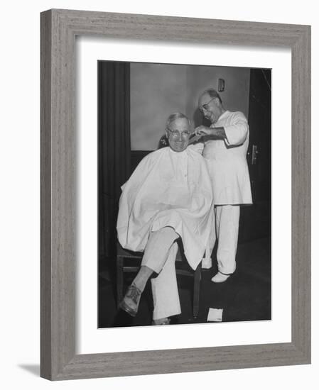 President Harry S. Truman Getting a Haircut-George Skadding-Framed Photographic Print