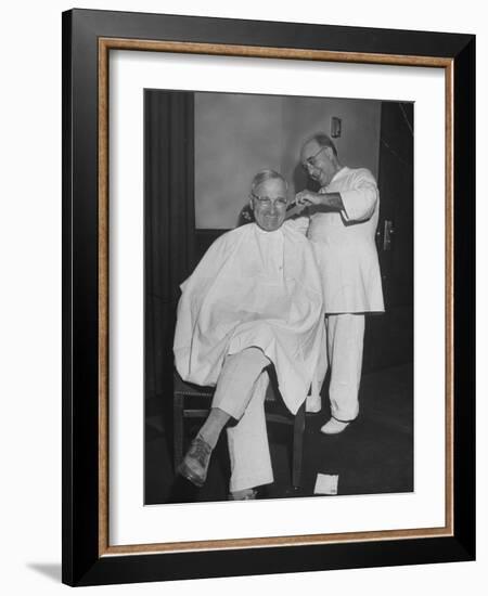 President Harry S. Truman Getting a Haircut-George Skadding-Framed Photographic Print