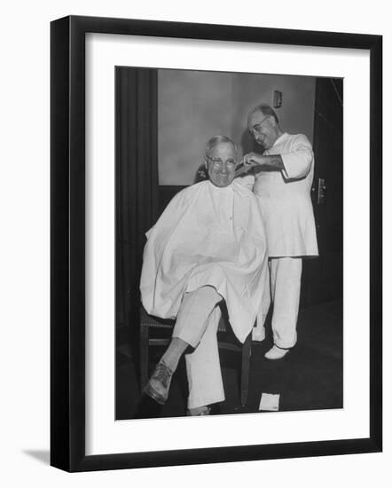 President Harry S. Truman Getting a Haircut-George Skadding-Framed Photographic Print