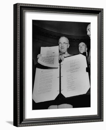 President Harry S. Truman Receiving the Surrender Documents from the Japanese-null-Framed Photographic Print