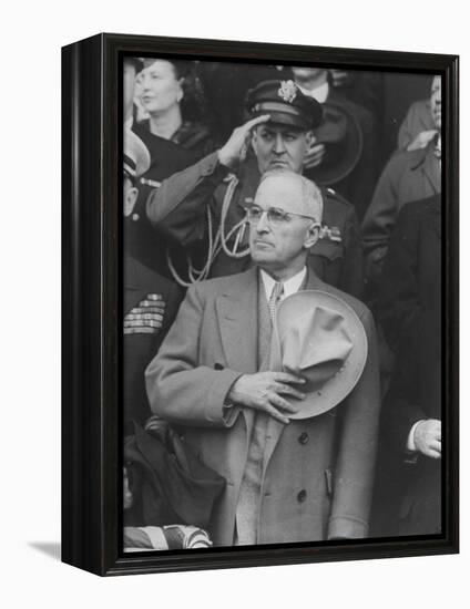 President Harry S. Truman Saluting "Star Spangled Banner" at Opening Game of Baseball Season-George Skadding-Framed Premier Image Canvas