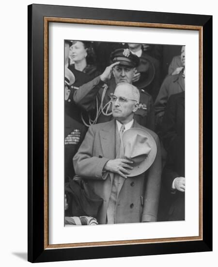 President Harry S. Truman Saluting "Star Spangled Banner" at Opening Game of Baseball Season-George Skadding-Framed Photographic Print