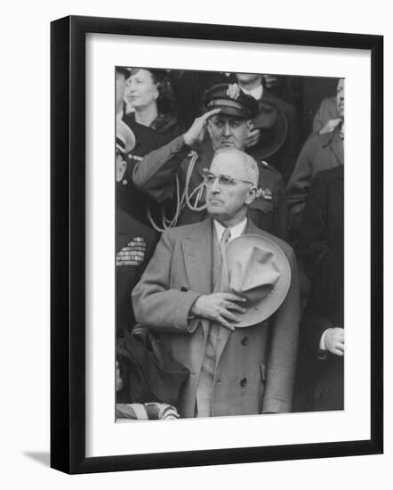 President Harry S. Truman Saluting "Star Spangled Banner" at Opening Game of Baseball Season-George Skadding-Framed Photographic Print
