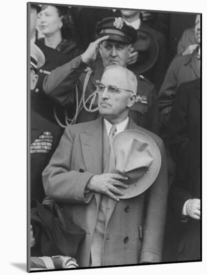 President Harry S. Truman Saluting "Star Spangled Banner" at Opening Game of Baseball Season-George Skadding-Mounted Photographic Print